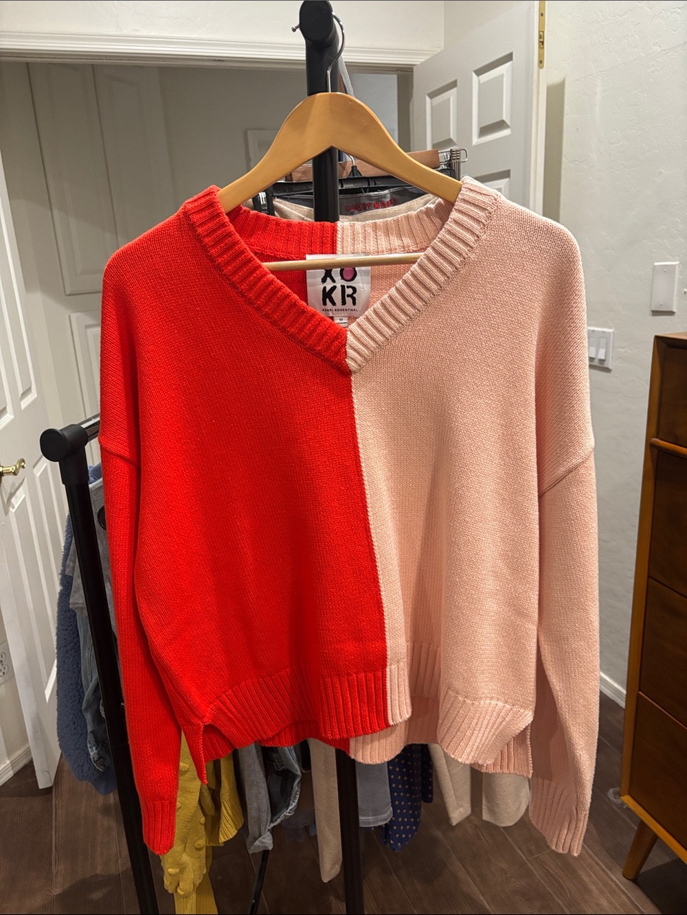 NWOT XOKR Kerri Rosenthal V‑Neck Sweater in Red and Light Pink Size M